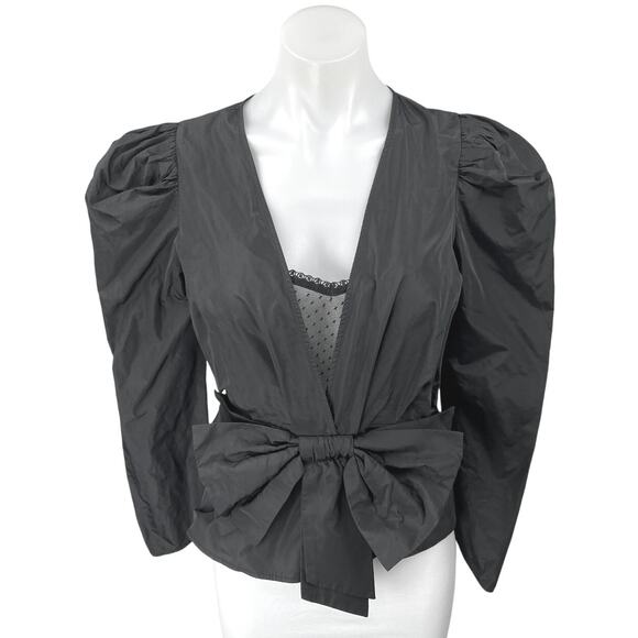 Zara Women's Black Puff Sleeve Surplice V-Neck Bow Peplum Blouse Top Size XS - Picture 1 of 5